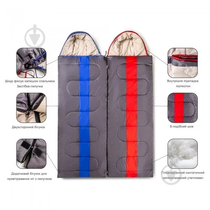 Спальний мішок GF Champion з капюшоном Family R (Одинарний) (min -12 ° C / comfort +5 ° C / max +15 ° C) - фото 5