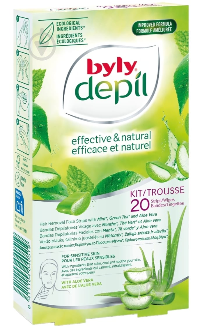 Восковые полоски Byly Waxing Strips для депиляции чувствительной кожи зоны лица с мятой, зеленым чаем и алоэ 20 шт./уп. - фото 1 Восковые полоски Byly Waxing Strips для депиляции чувствительной кожи зоны лица с мятой, зеленым чаем и алоэ 20 шт./уп. - фото 1