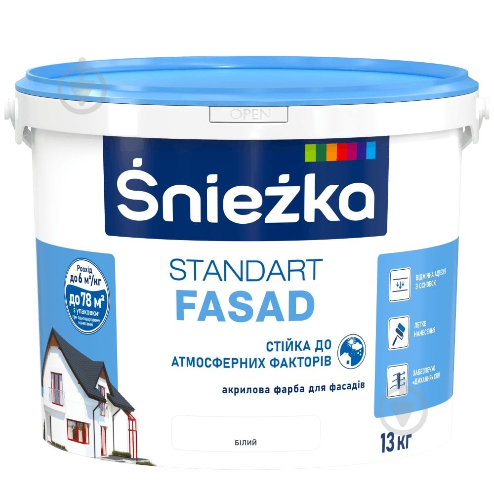 Фарба акрилова водоемульсійна Sniezka Standart Fasad мат білий 9,7 л 13 кг - фото 1