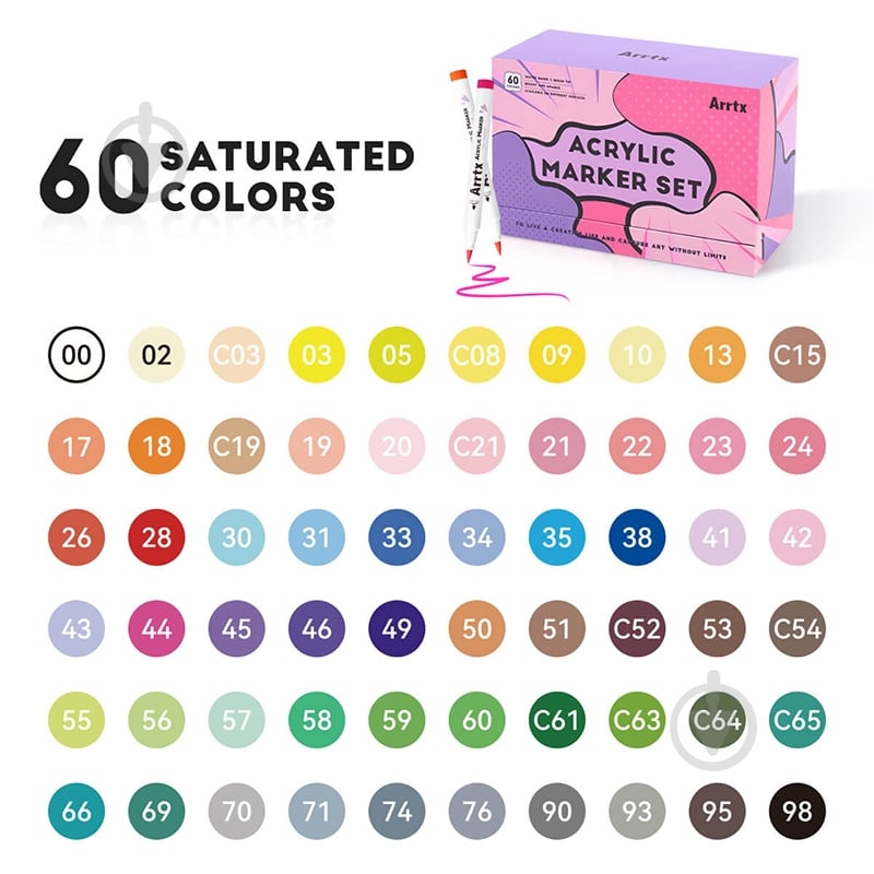 Набор маркеров акриловых Arrtx AACM-0560B, 60 цветов LC303939 - фото 2 Набор маркеров акриловых Arrtx AACM-0560B, 60 цветов LC303939 - фото 2