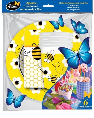 Набір посуду одноразовий Бджілка на 6 персон паперовий Silken 6 шт. - фото 1 Набір посуду одноразовий Бджілка на 6 персон паперовий Silken 6 шт. - фото 1