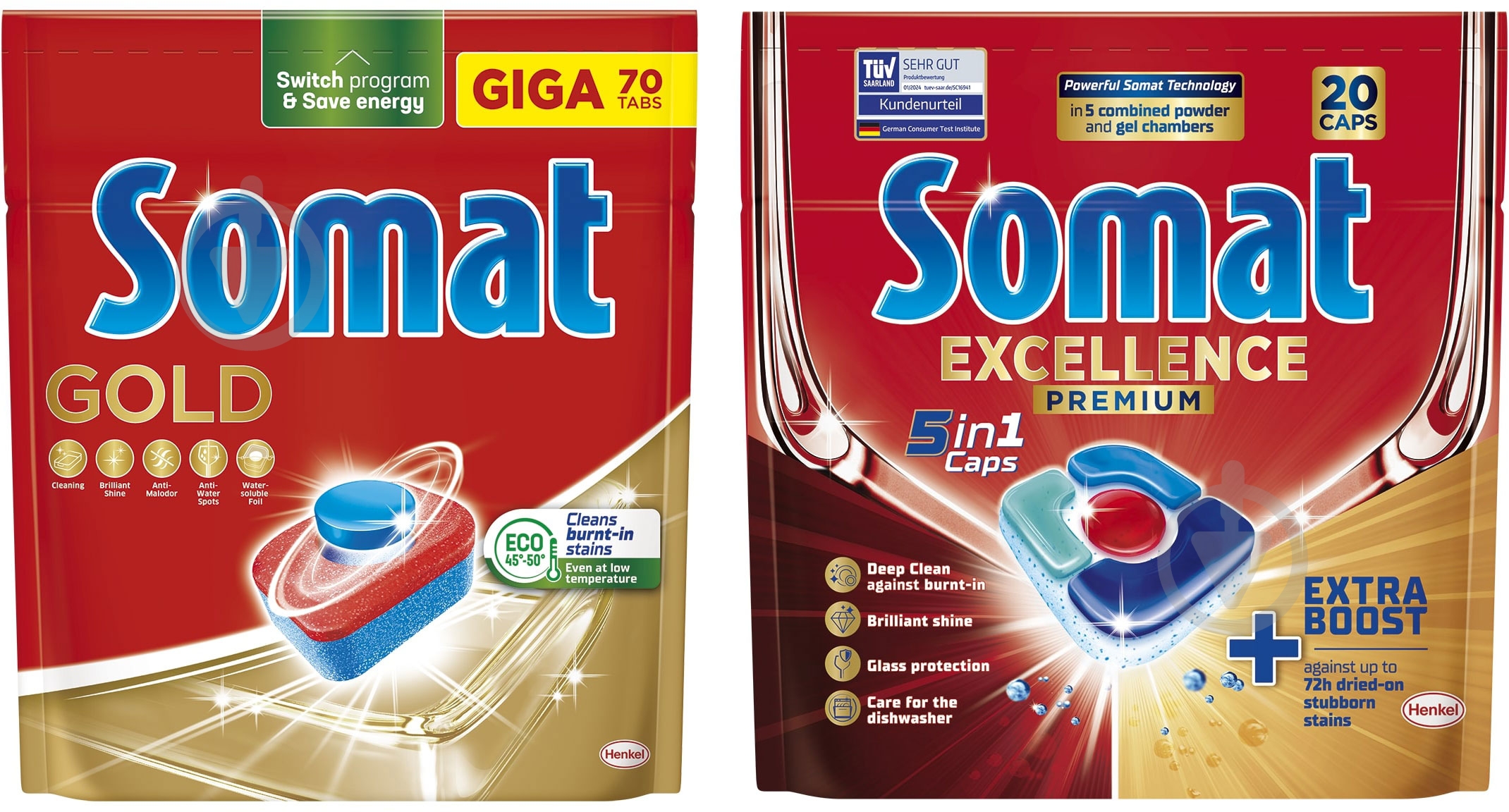 Набір засобів Somat таблетки для посудомийних машин Gold 70 шт. + Somat Excellence 5-в-1 20 шт. - фото 1