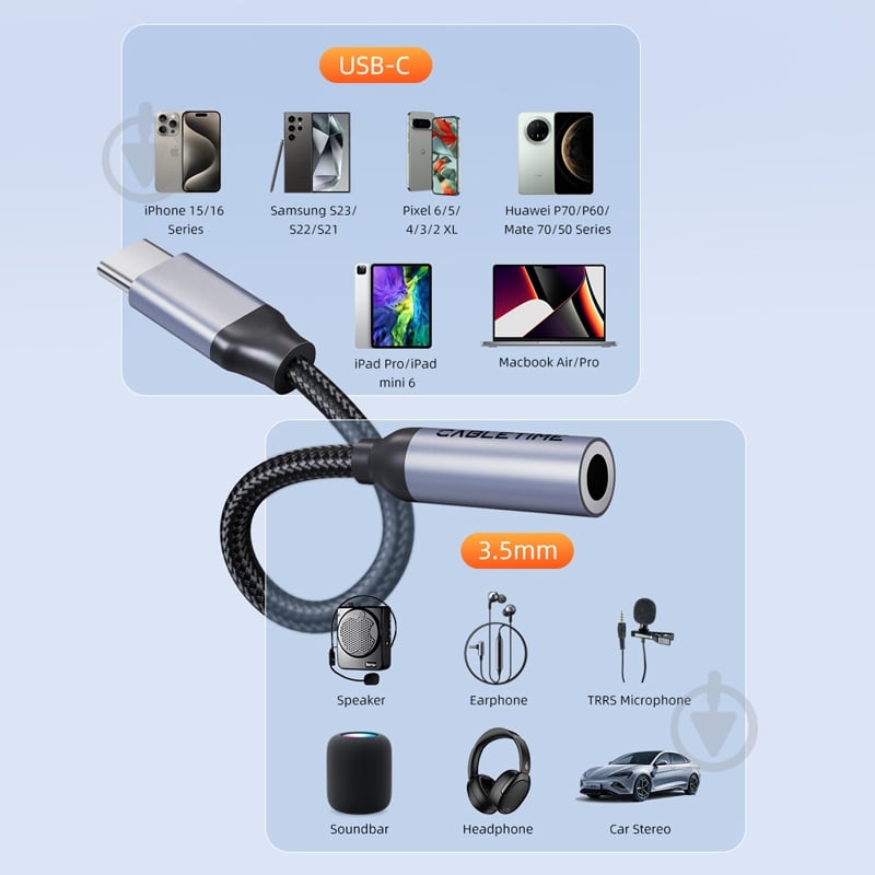 Адаптер CableTime USB Type-C (M) - 3.5 мм (F) blackgrey (CA915361) - фото 4