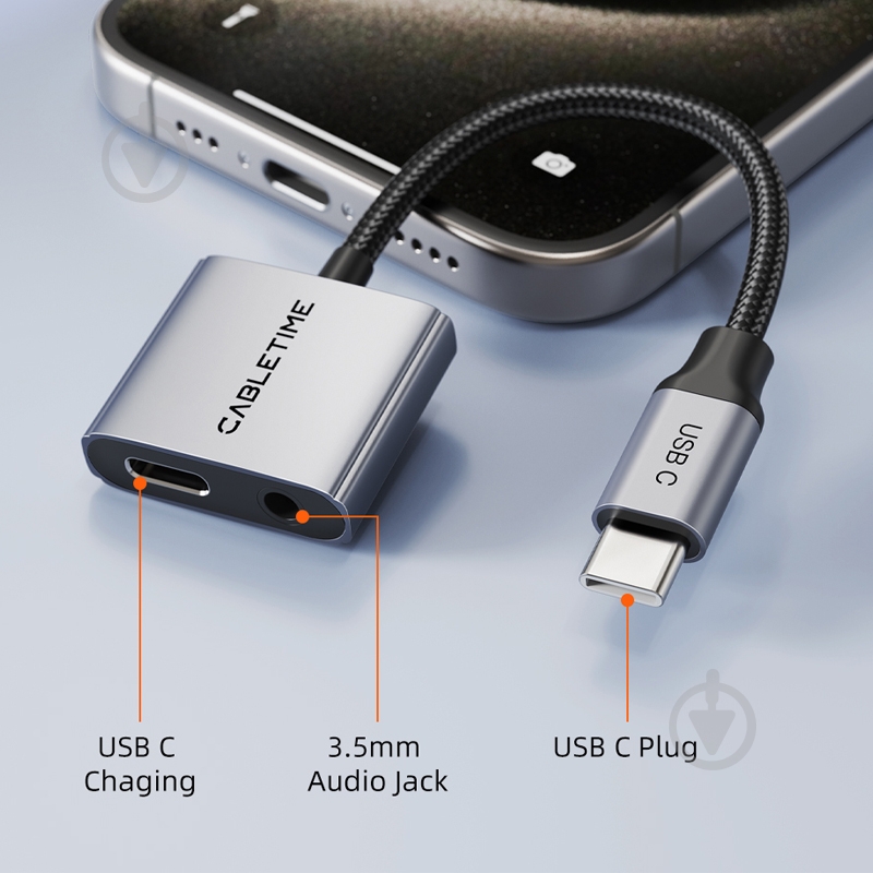 Адаптер CableTime USB Type-C (M) - 3.5 мм (F) / Type-C (F) blackgrey (CA915750) - фото 6