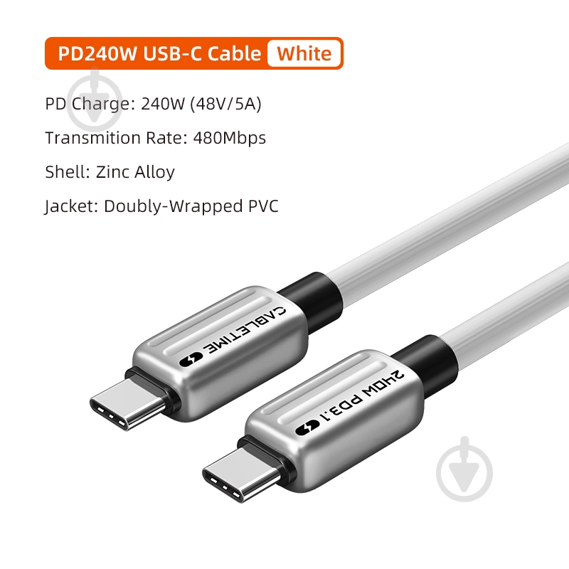 Кабель CableTime USB Type-C (M) - Type-C (M) PD240W 12 м blackgrey (CA915736) - фото 3 Кабель CableTime USB Type-C (M) - Type-C (M) PD240W 12 м blackgrey (CA915736) - фото 3