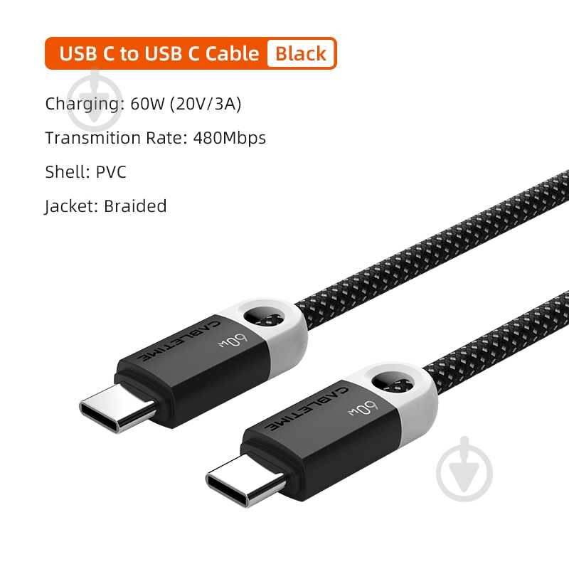 Кабель CableTime USB Type-C (M) - Type-C (M) PD60W 1 м blackgrey (CA915743) - фото 2