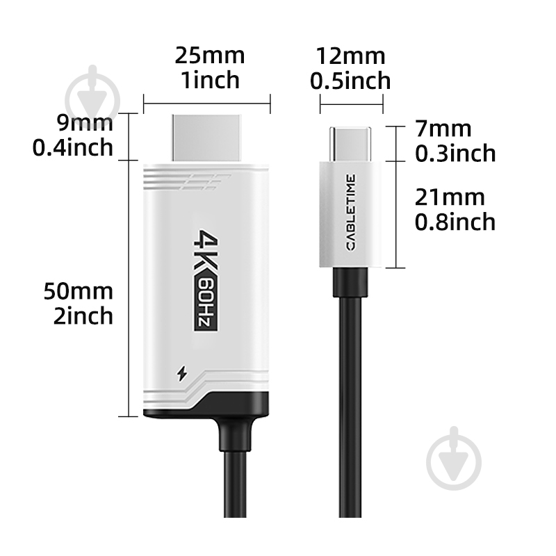 Кабель CableTime USB Type-C (M) - HDMI (M) PD100W 2 м blackgrey (CA915798) - фото 2 Кабель CableTime USB Type-C (M) - HDMI (M) PD100W 2 м blackgrey (CA915798) - фото 2