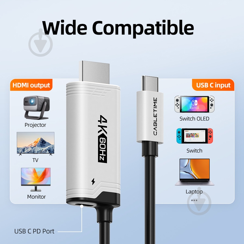 Кабель CableTime USB Type-C (M) - HDMI (M) PD100W 2 м blackgrey (CA915798) - фото 5 Кабель CableTime USB Type-C (M) - HDMI (M) PD100W 2 м blackgrey (CA915798) - фото 5