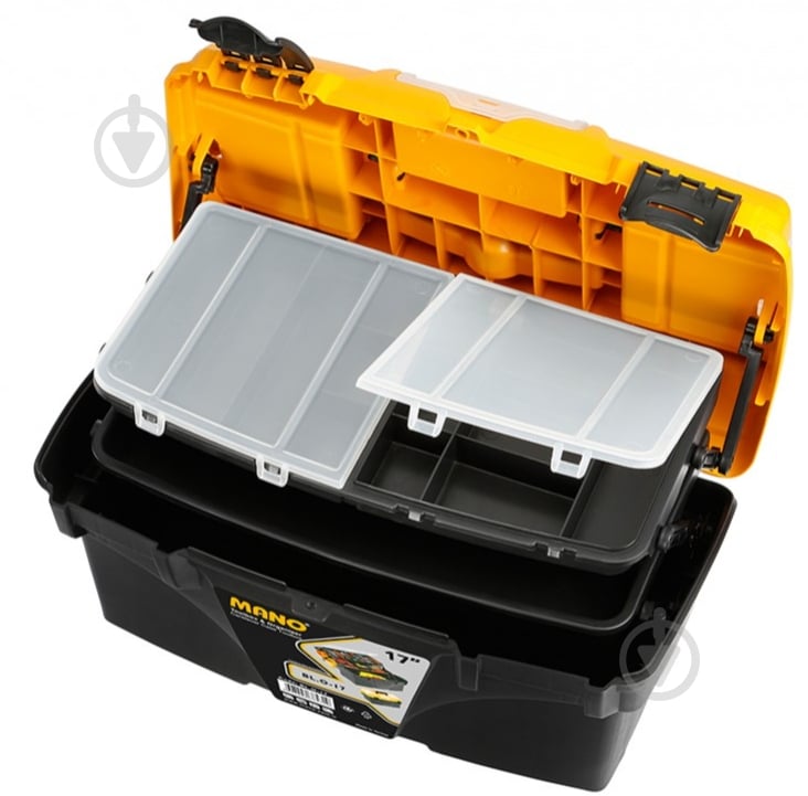 Ящик для ручного інструменту Mano з органайзером та консольними висувними полицями 17" 434x250x238 мм BL.O-17 - фото 1 Ящик для ручного інструменту Mano з органайзером та консольними висувними полицями 17" 434x250x238 мм BL.O-17 - фото 1