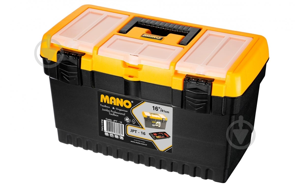 Ящик для ручного інструменту Mano Jumbo із органайзером класичний профі 16" 413x212x244 мм JPT-16 - фото 1 Ящик для ручного інструменту Mano Jumbo із органайзером класичний профі 16" 413x212x244 мм JPT-16 - фото 1