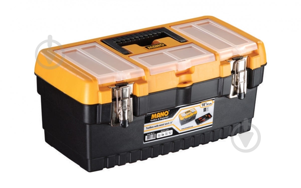 Ящик для ручного інструменту Mano із органайзером та металевим замком 16" 413x212x186 мм MT-16 - фото 1 Ящик для ручного інструменту Mano із органайзером та металевим замком 16" 413x212x186 мм MT-16 - фото 1
