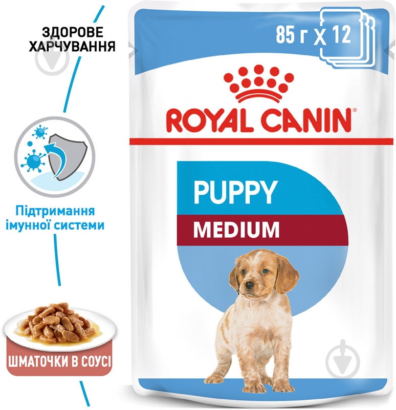 Корм влажный для щенков для средних пород Royal Canin MEDIUM PUPPY (Медиум Паппи соус), пауч, 140 г 140 г - фото 2 Корм влажный для щенков для средних пород Royal Canin MEDIUM PUPPY (Медиум Паппи соус), пауч, 140 г 140 г - фото 2