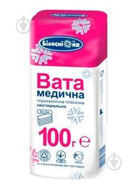 Вата Білосніжка медична гігієнічна нестерильна зиг-заг 100 г 1 шт. - фото 1