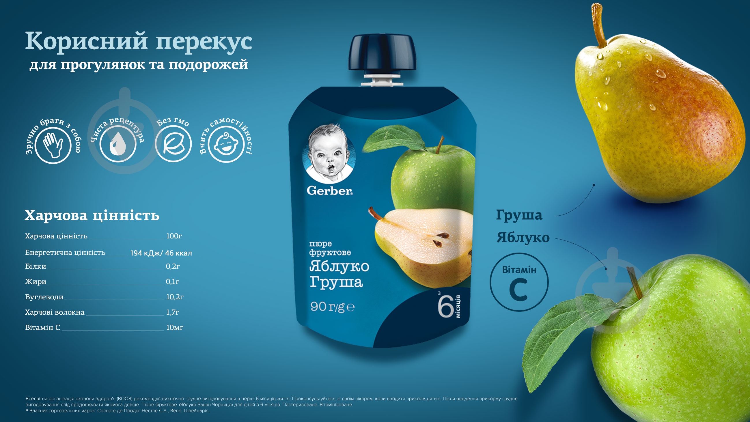 Пюре Gerber Яблуко та груша з 6 місяців 90 г 7613036345507 - фото 3