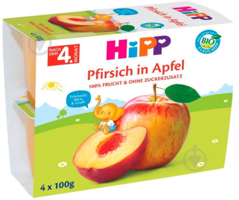 Пюре Hipp Яблоко–персик 4х100 г - фото 1