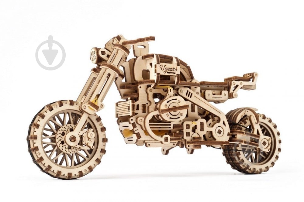 Деревянный 3D-конструктор UGEARS Мотоцикл Scrambler UGR-10 с коляской - фото 1 Деревянный 3D-конструктор UGEARS Мотоцикл Scrambler UGR-10 с коляской - фото 1