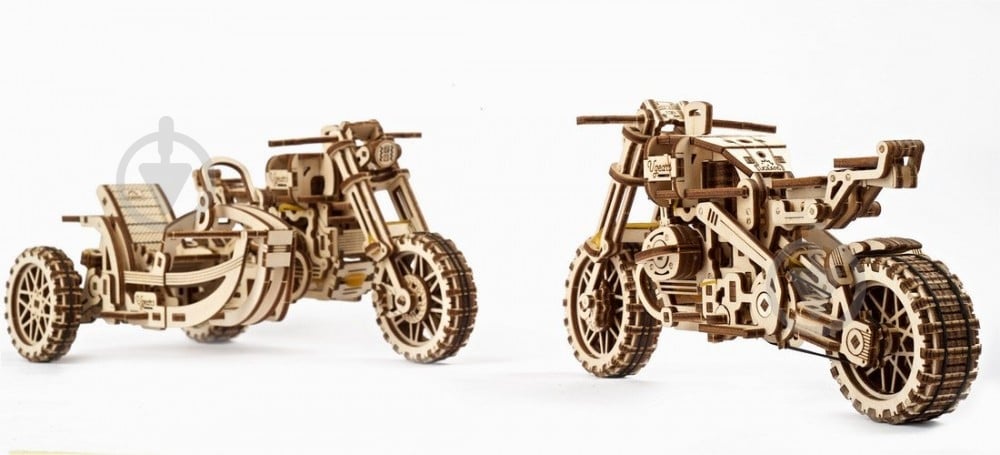 Деревянный 3D-конструктор UGEARS Мотоцикл Scrambler UGR-10 с коляской - фото 8 Деревянный 3D-конструктор UGEARS Мотоцикл Scrambler UGR-10 с коляской - фото 8