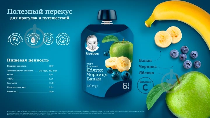 Пюре Gerber Яблуко, чорниця і банан 90 г 7613036345880 - фото 4
