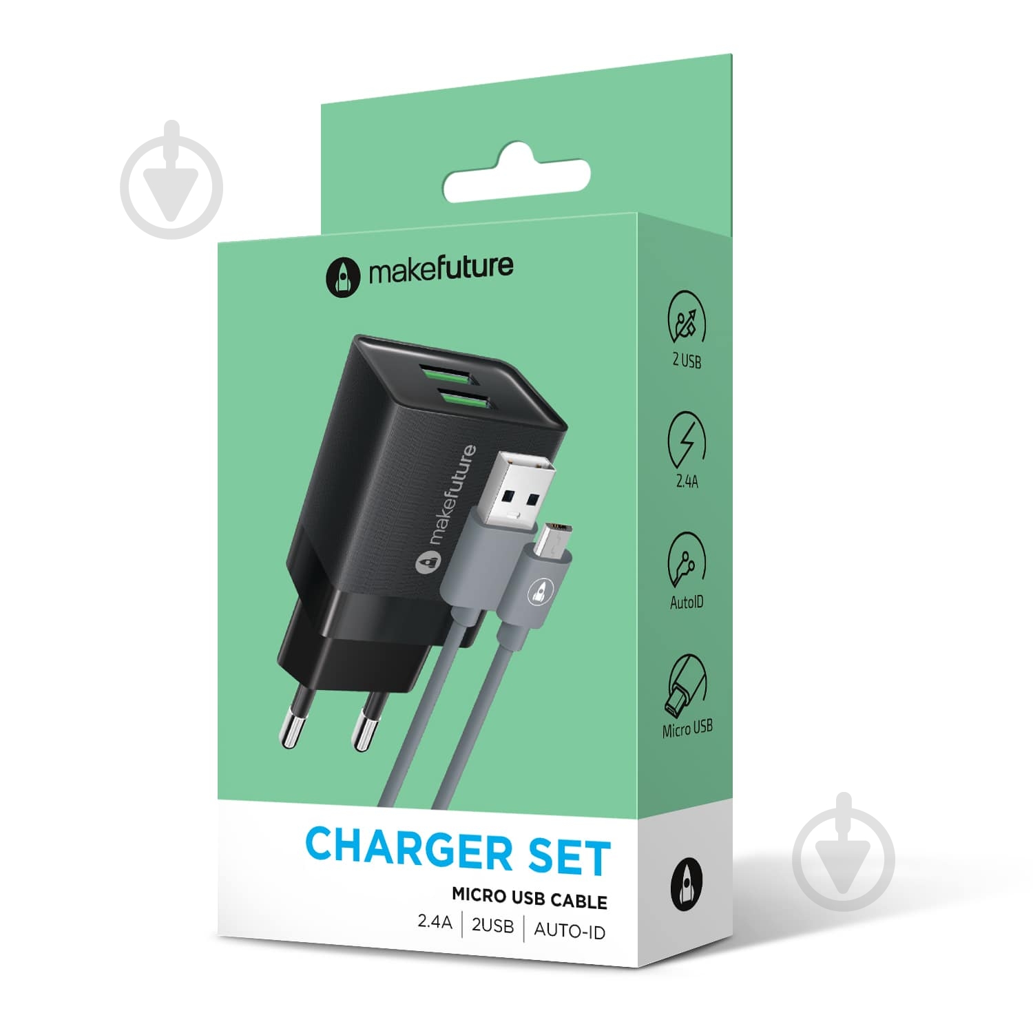 Зарядний пристрій MakeFuture 2.4A 2USB Auto-ID Black + кабель MicroUSB MCWC-M22BK - фото 2