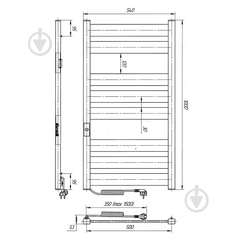 Рушникосушарка електрична Rhein Grut S8 500х1000 E L PE/MAT RAL9005 376W - фото 7
