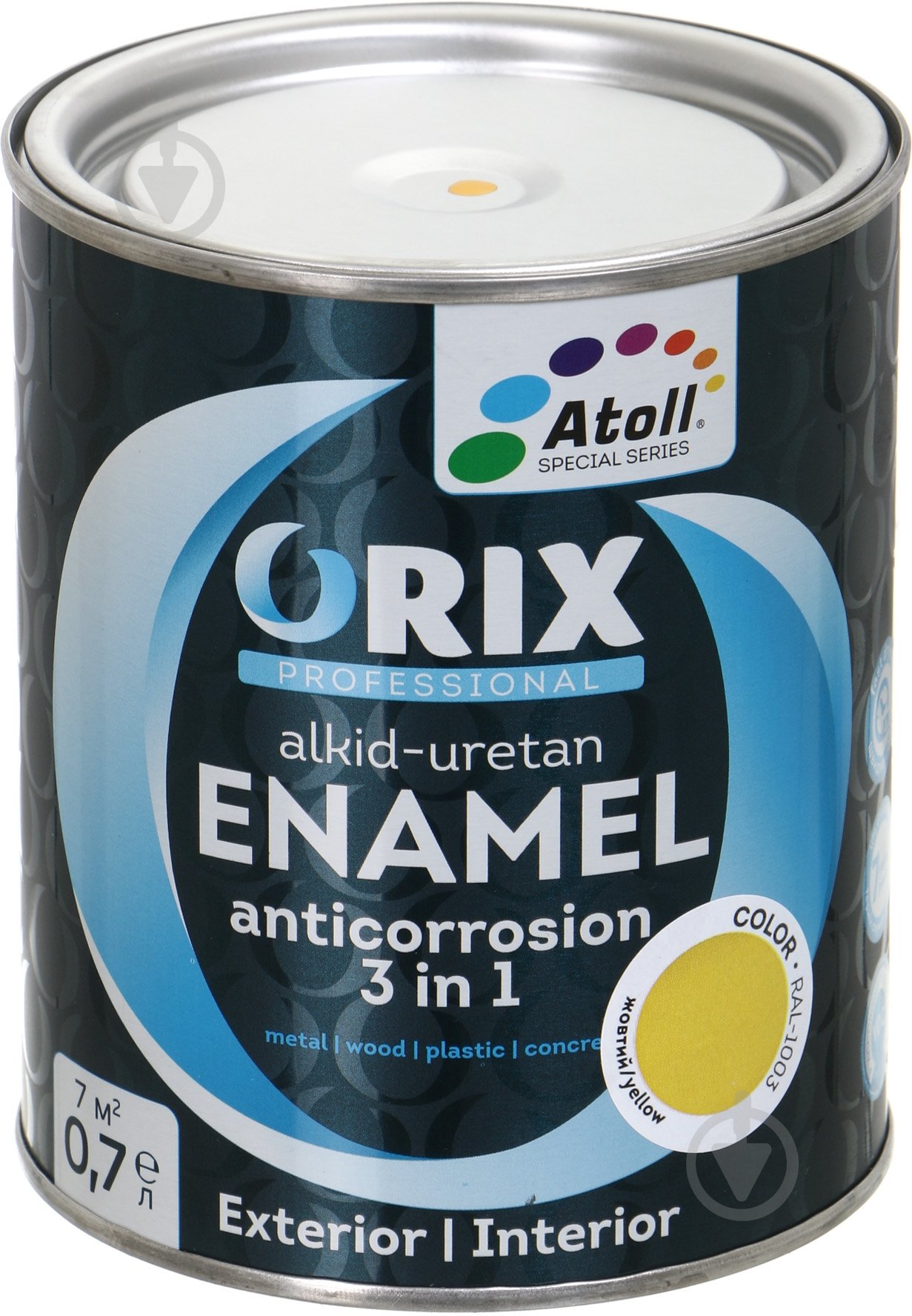 Эмаль Atoll ORIX COLOR 3 в 1 RAL 1003 желтый глянец 0,7 л - фото 1 Эмаль Atoll ORIX COLOR 3 в 1 RAL 1003 желтый глянец 0,7 л - фото 1