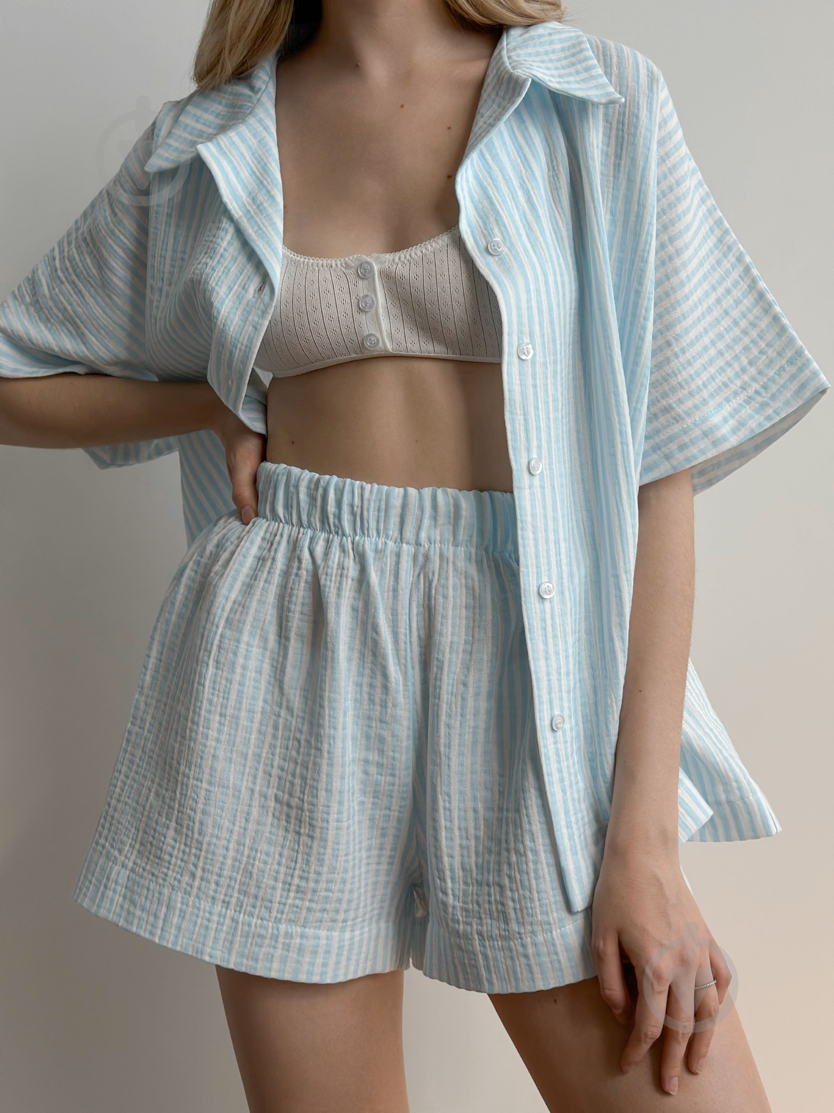 Комплект жіночий MISO сорочка і шорти р. M біло-блакитний (15231) - фото 2 Комплект жіночий MISO сорочка і шорти р. M біло-блакитний (15231) - фото 2