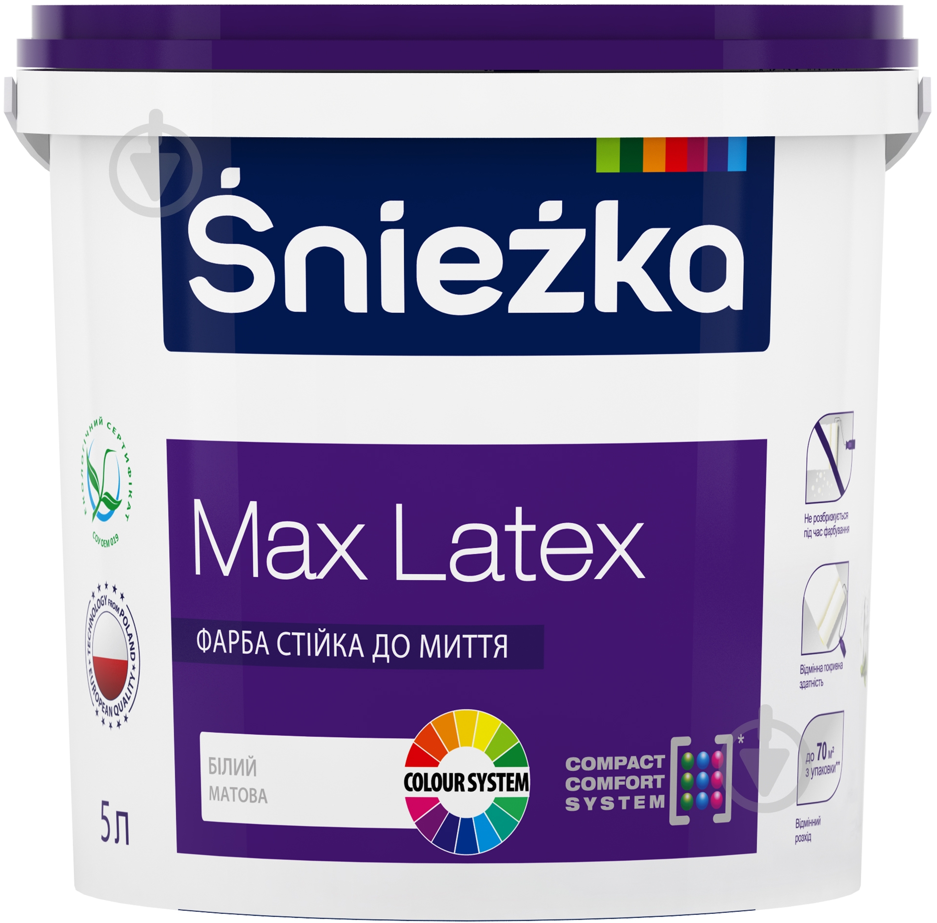 Фарба латексна водоемульсійна Sniezka МАХ LATEX мат білий 5 л 7 кг - фото 1