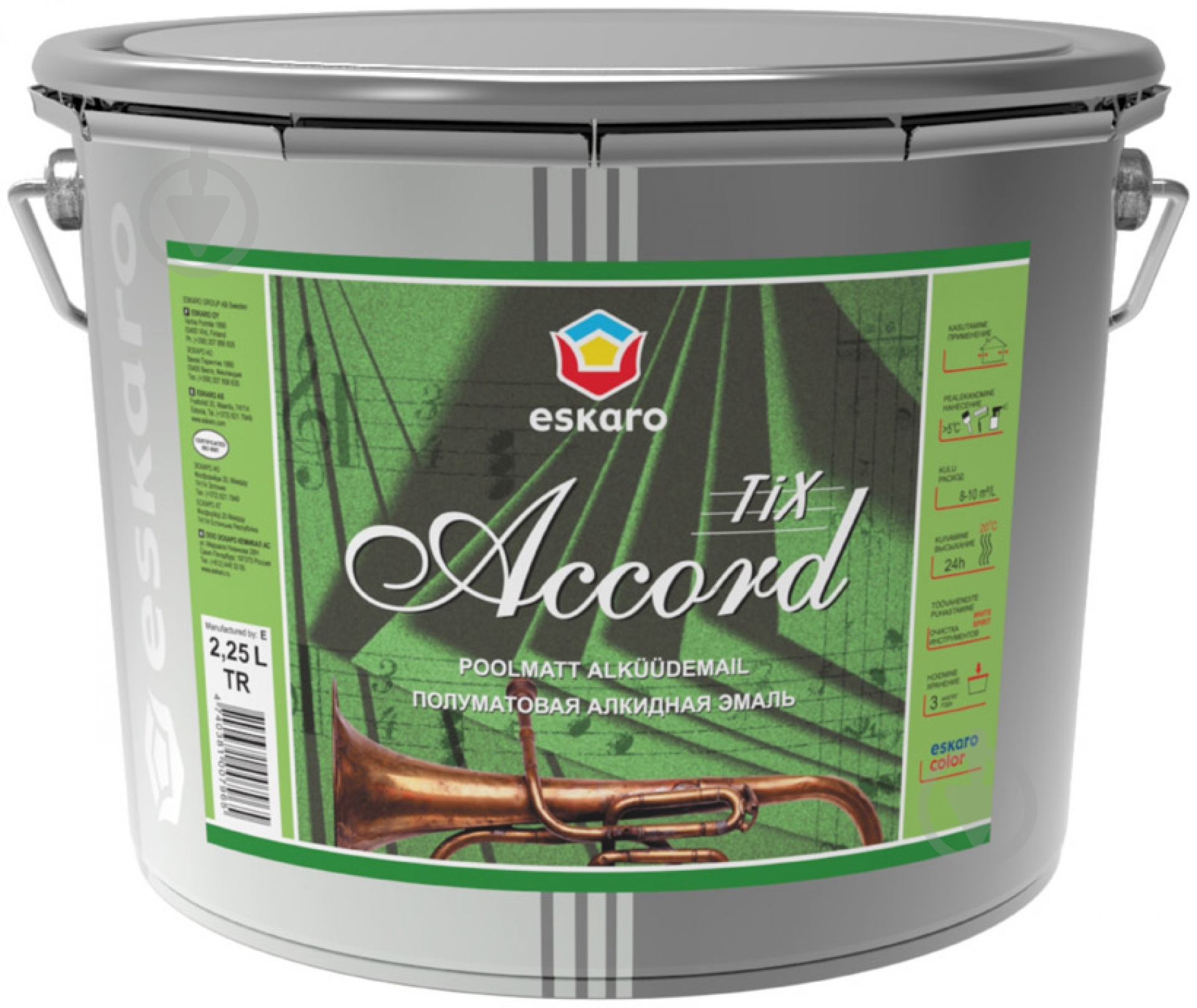 Емаль Eskaro алкідна тиксотропна Accord 30 tix TR база під тонування напівмат 2,25 л - фото 1 Емаль Eskaro алкідна тиксотропна Accord 30 tix TR база під тонування напівмат 2,25 л - фото 1