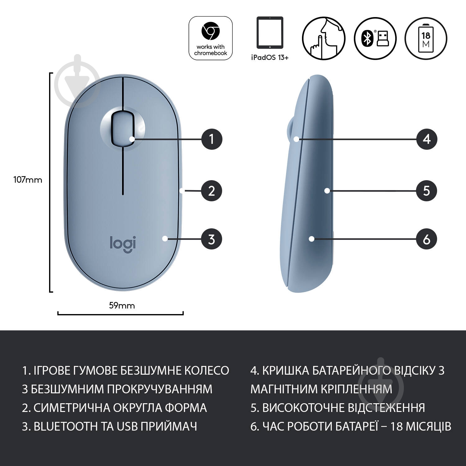 Мышка Logitech Pebble M350 Wireless Mouse grey/blue (910-005719) - фото 6