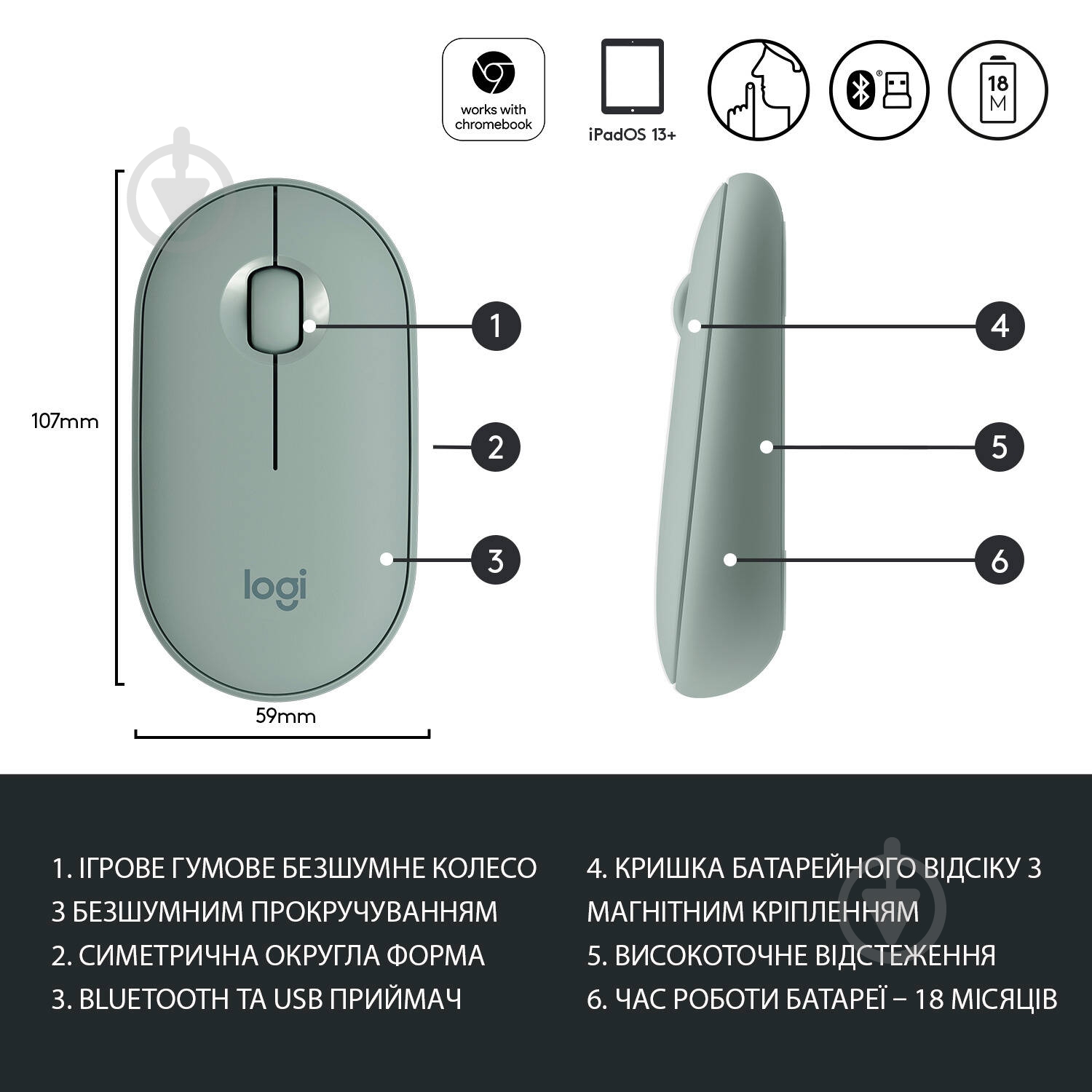 Мышка Logitech Pebble M350 Wireless Mouse eucalyptus (910-005720) - фото 6