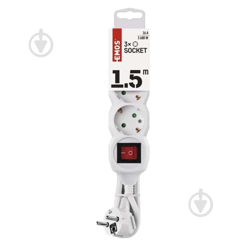 Удлинитель с выключателем Emos 1 мм² 16A 3680 Вт с заземлением 3 гн. белый 1,5 м P1321 - фото 1