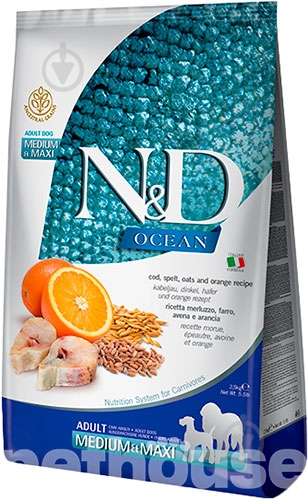 Корм сухой низкозерновой Farmina N&D Ocean для собак средних и крупных пород с треской и апельсином 12 кг - фото 1 Корм сухой низкозерновой Farmina N&D Ocean для собак средних и крупных пород с треской и апельсином 12 кг - фото 1