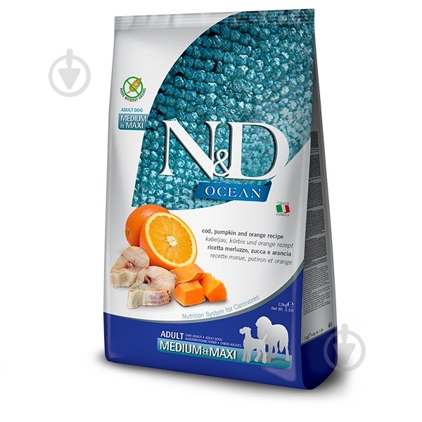 Корм сухий беззерновий Farmina N&D Ocean для собак середніх і великих порід з тріскою та апельсином 2,5 кг - фото 1 Корм сухий беззерновий Farmina N&D Ocean для собак середніх і великих порід з тріскою та апельсином 2,5 кг - фото 1