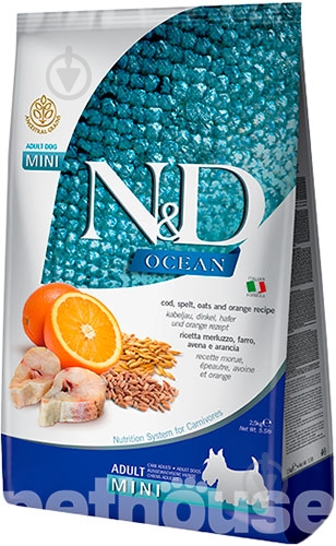 Корм сухой низкозерновой Farmina N&D Ocean для собак мелких пород с треской и апельсином 2,5 кг - фото 1 Корм сухой низкозерновой Farmina N&D Ocean для собак мелких пород с треской и апельсином 2,5 кг - фото 1