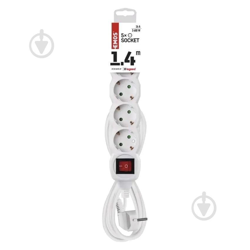 Подовжувач з вимикачем Emos 1 мм² 16A 3680 Вт із заземленням 5 гн. білий 1,4 м P1521 - фото 3 Подовжувач з вимикачем Emos 1 мм² 16A 3680 Вт із заземленням 5 гн. білий 1,4 м P1521 - фото 3