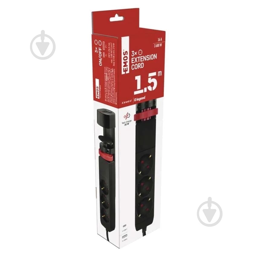 Удлинитель с выключателем Emos 16A 3680Вт 2USB-A /1USB-C быстрая зарядка с заземлением 3 гн. черный 1,5 м P1321PD - фото 14 Удлинитель с выключателем Emos 16A 3680Вт 2USB-A /1USB-C быстрая зарядка с заземлением 3 гн. черный 1,5 м P1321PD - фото 14