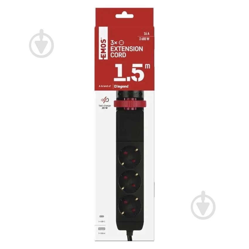 Удлинитель с выключателем Emos 16A 3680Вт 2USB-A /1USB-C быстрая зарядка с заземлением 3 гн. черный 1,5 м P1321PD - фото 3 Удлинитель с выключателем Emos 16A 3680Вт 2USB-A /1USB-C быстрая зарядка с заземлением 3 гн. черный 1,5 м P1321PD - фото 3