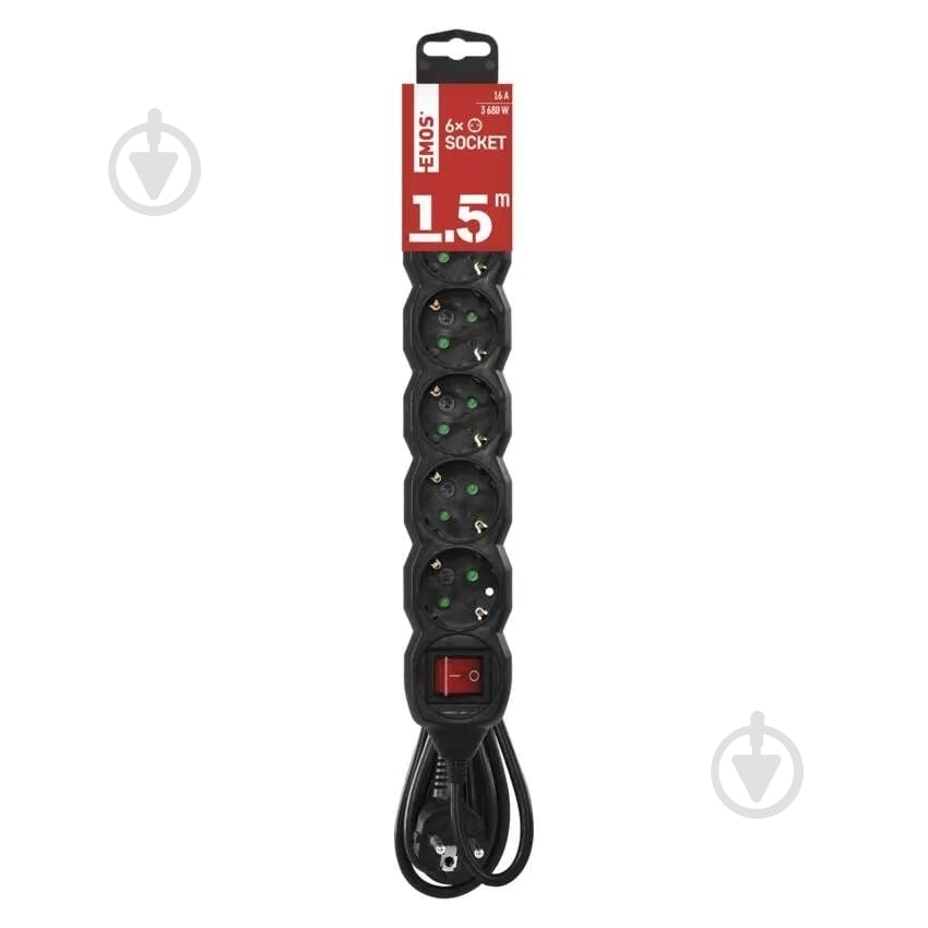 Подовжувач з вимикачем Emos 1,5 мм² 16A 3680 Вт із заземленням 6 гн. чорний 1,5 м PC1621R - фото 2 Подовжувач з вимикачем Emos 1,5 мм² 16A 3680 Вт із заземленням 6 гн. чорний 1,5 м PC1621R - фото 2