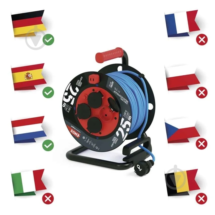 Удлинитель на катушке Emos 1,5 мм² 16A 3680 Вт IP44 силикон с заземлением 4 гн. голубой 25 м P08625W - фото 7