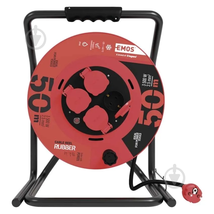 Подовжувач на котушці Emos 2,5 мм² 15A 3500 Вт IP44 гума із заземленням 4 гн. чорний 50 м P19221 - фото 2