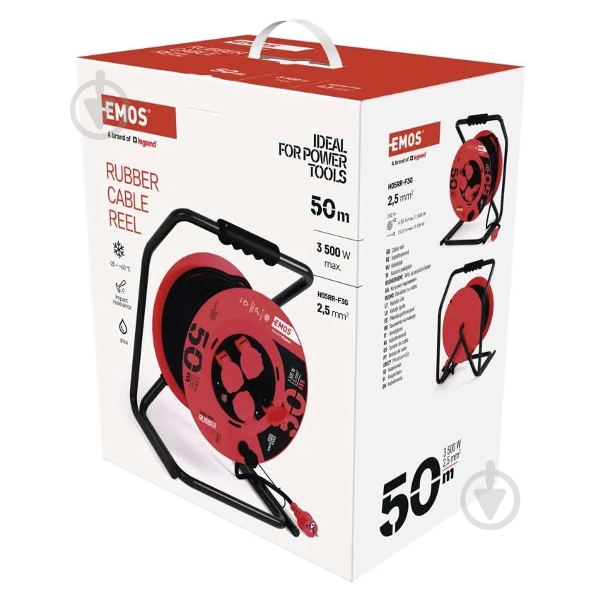 Подовжувач на котушці Emos 2,5 мм² 15A 3500 Вт IP44 гума із заземленням 4 гн. чорний 50 м P19221 - фото 3