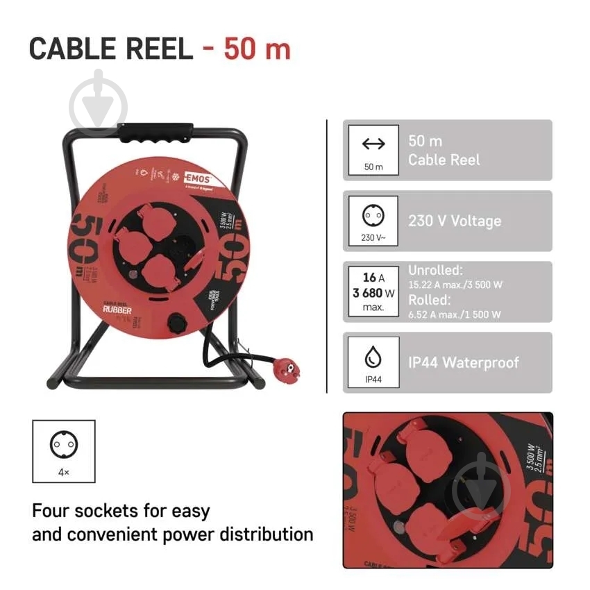 Подовжувач на котушці Emos 2,5 мм² 15A 3500 Вт IP44 гума із заземленням 4 гн. чорний 50 м P19221 - фото 4