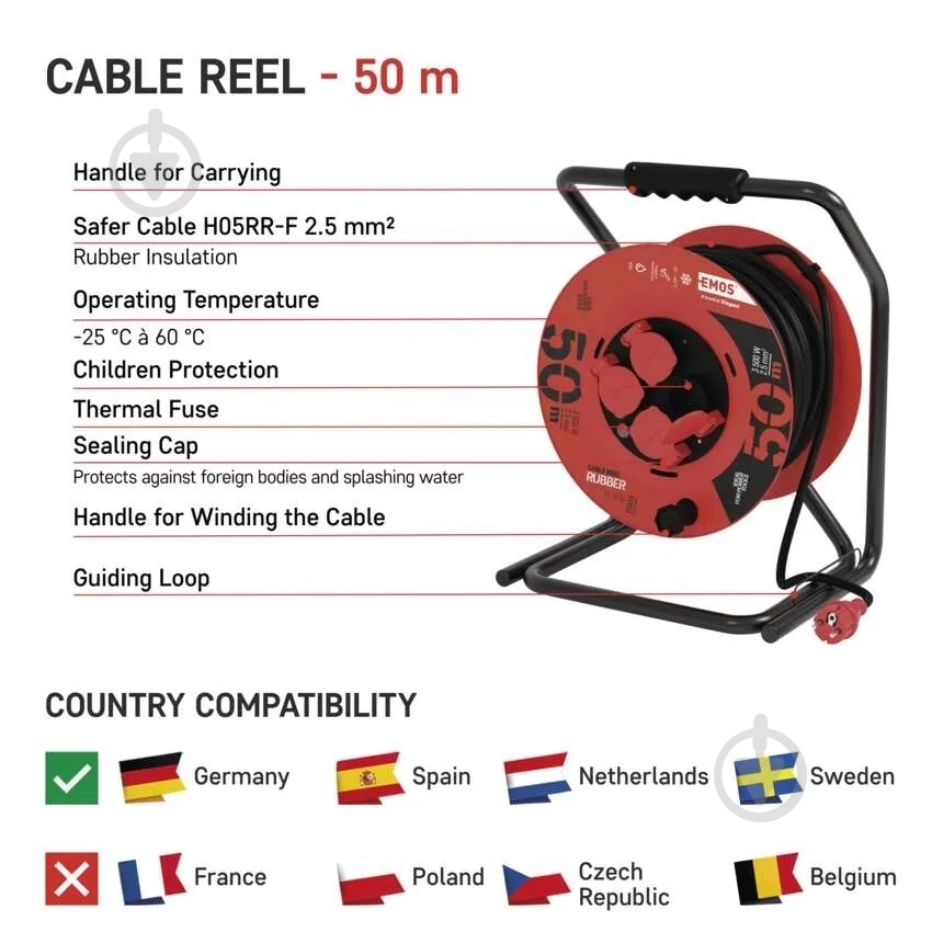 Подовжувач на котушці Emos 2,5 мм² 15A 3500 Вт IP44 гума із заземленням 4 гн. чорний 50 м P19221 - фото 5