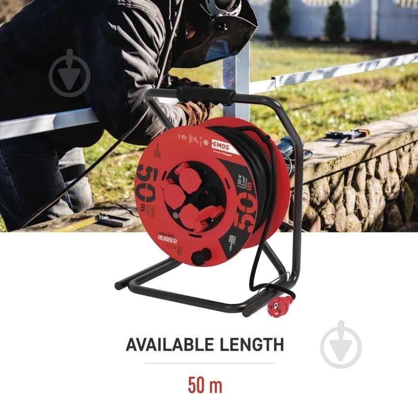 Подовжувач на котушці Emos 2,5 мм² 15A 3500 Вт IP44 гума із заземленням 4 гн. чорний 50 м P19221 - фото 6