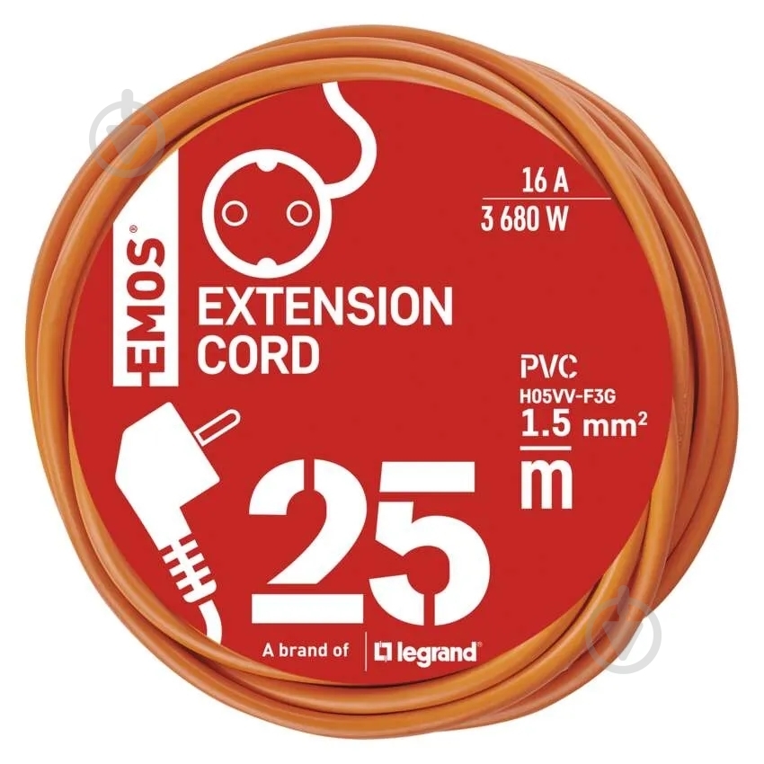 Подовжувач Emos 1,5 мм² 16A 3680 Вт із заземленням 1 гн. помаранчевий 25 м P01225R - фото 5