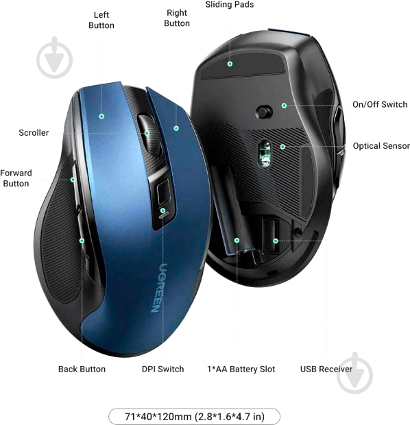 Мышка беспроводная UGREEN MU006 Ergonomic 2.4G Wireless Mouse blue (15064) - фото 5