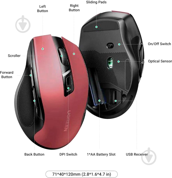 Мышка беспроводная UGREEN MU006 Ergonomic 2.4G Wireless Mouse red (15065) - фото 6