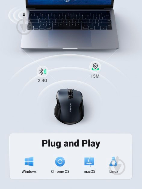Мишка бездротова UGREEN MU006 Ergonomic Wireless Mouse 2.4G Wireless & Bluetooth black (90855) - фото 6