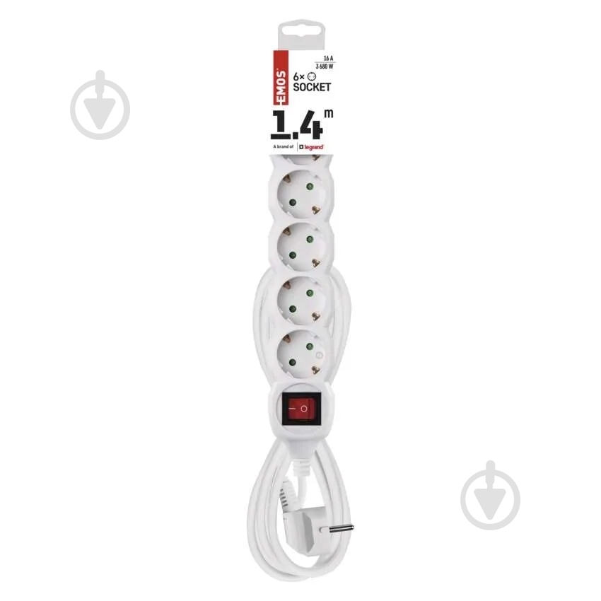 Подовжувач з вимикачем Emos 1 мм² 16A 3680 Вт із заземленням 6 гн. білий 1,4 м P1621 - фото 3 Подовжувач з вимикачем Emos 1 мм² 16A 3680 Вт із заземленням 6 гн. білий 1,4 м P1621 - фото 3