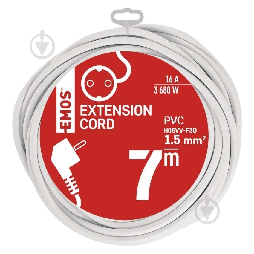 Подовжувач Emos 1,5 мм² 16A 3680 Вт із заземленням 1 гн. білий 7 м P0127R - фото 3